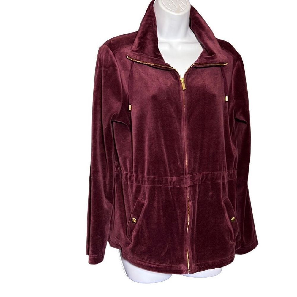 Basic Editions Women's Full Zip Jacket Velvet Roll Tab Sleeve Maroon Small